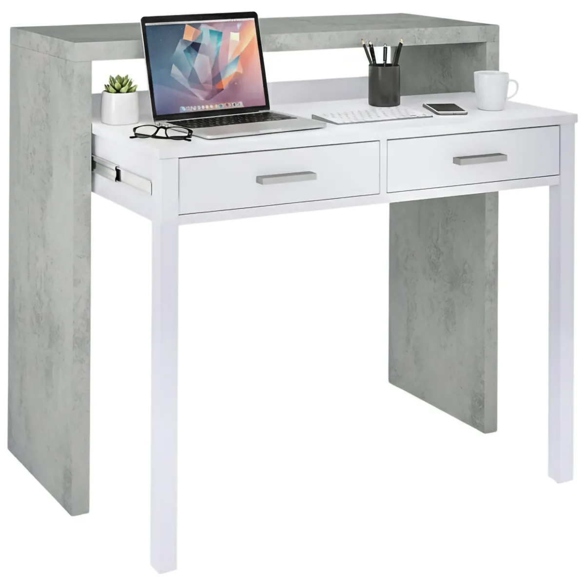 Salotto|Scrivanie > Dmora Scrivania lineare cemento e bianca 98x36cm con 2 cassetti - Andriy Bianco, Grigio Cemento