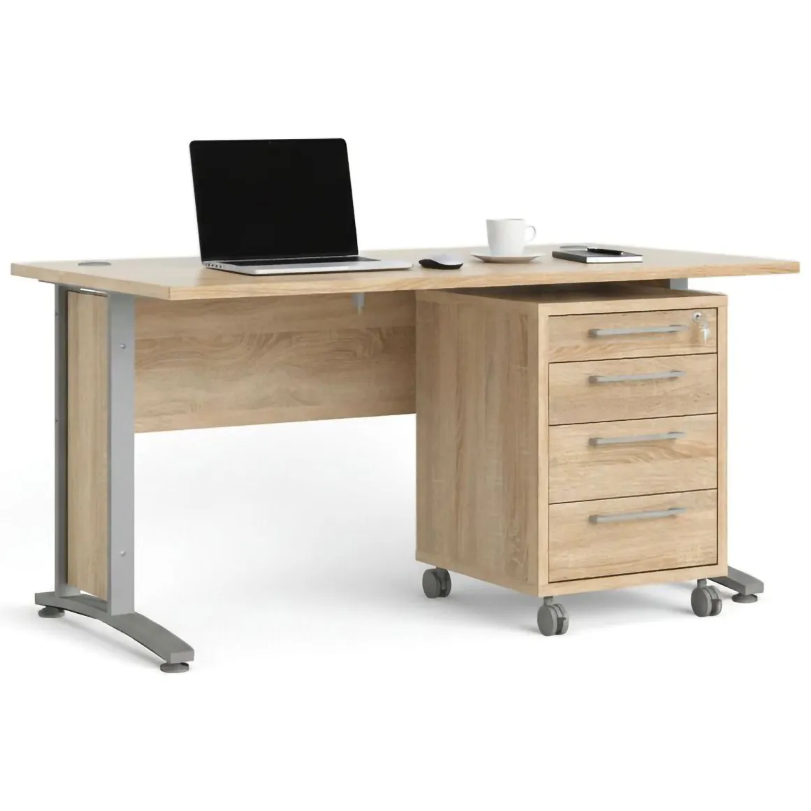 Scrivania lineare grigia e quercia 150x80cm con 3 cassetti - Azzaro