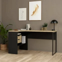 Scrivanie > Dmora Scrivania lineare nera e quercia 145x81cm con 2 cassetti - Moire Marrone, Nero Quercia