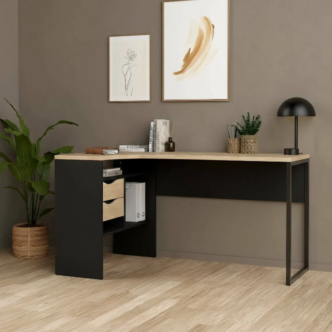 Ufficio|Camera Da Letto > Dmora Scrivania lineare nera e rovere 54x138cm metallo - Nausicaa Marrone, Nero Rovere