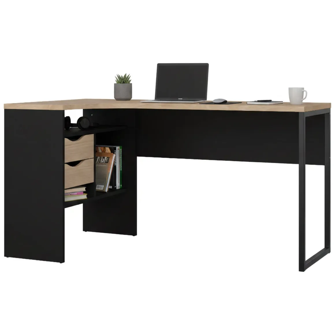 Ufficio|Camera Da Letto > Dmora Scrivania lineare nera e rovere 54x138cm metallo - Nausicaa Marrone, Nero Rovere