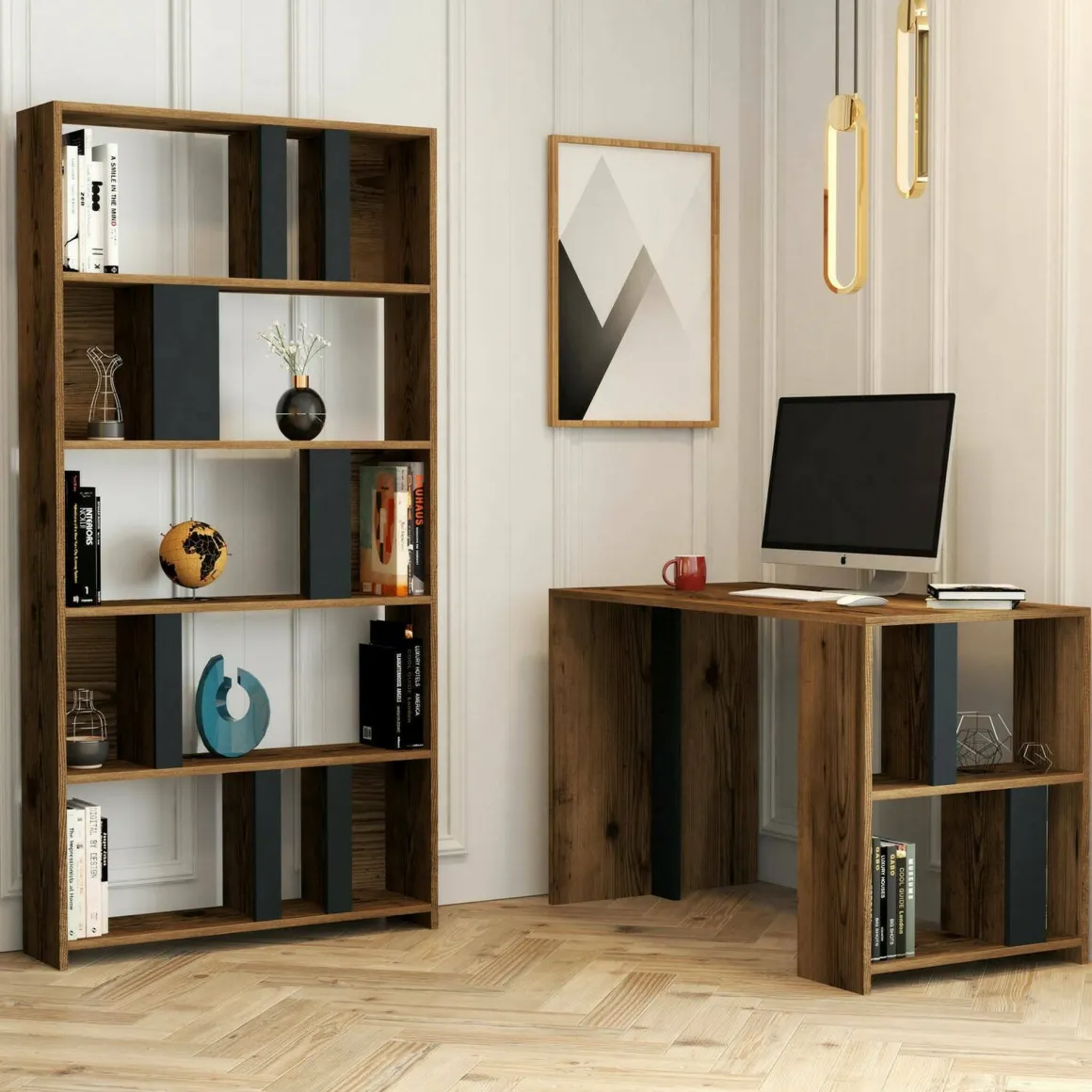 Scrivania lineare noce e antracite 120x60cm con libreria - Atene