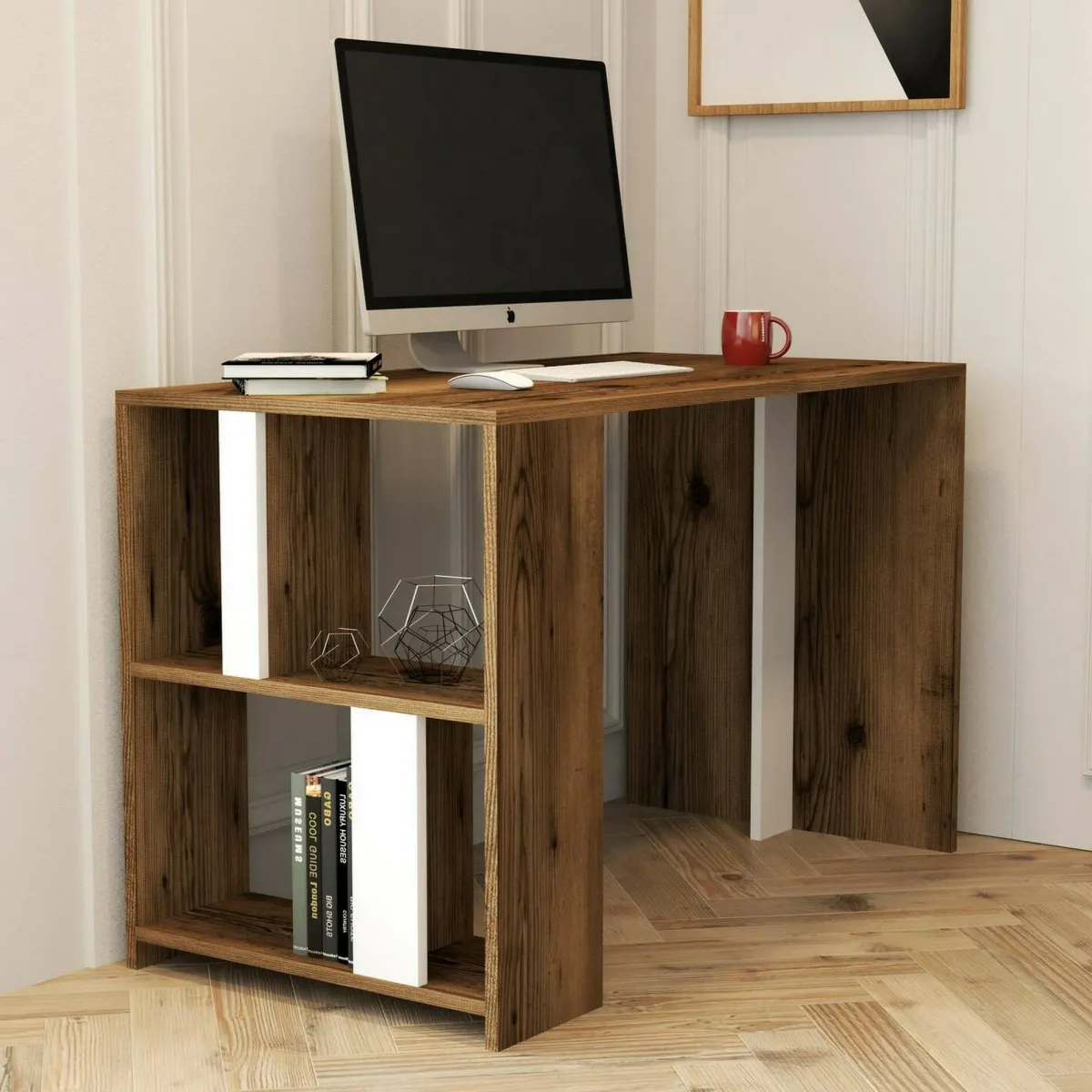 Ufficio|Camera Da Letto > Dmora Scrivania lineare noce e bianca 120x60cm - Bising Bianco, Marrone Noce