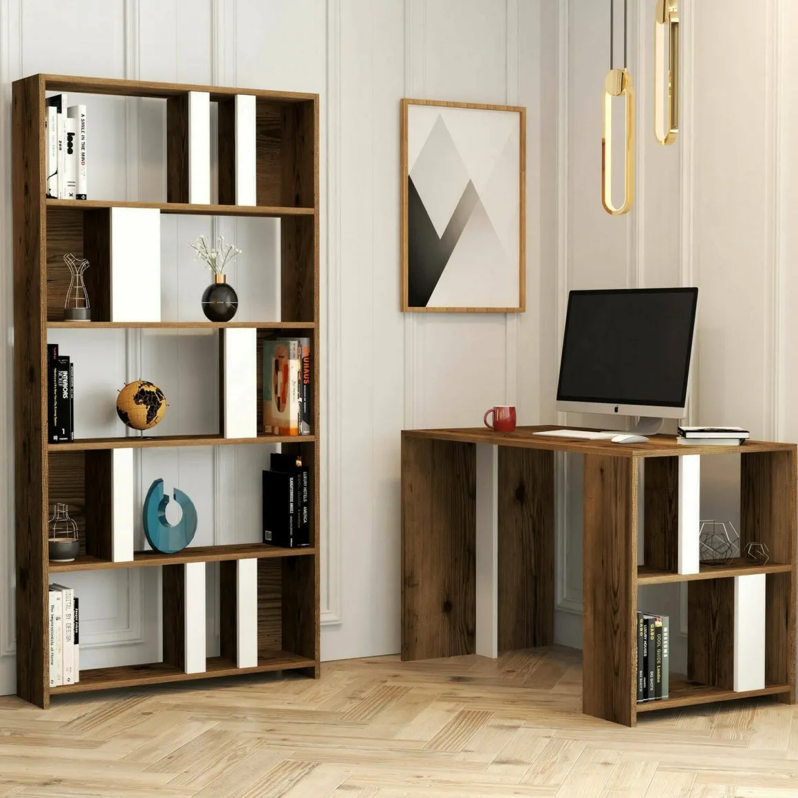 Scrivania lineare noce e bianca 120x60cm con libreria - Atene
