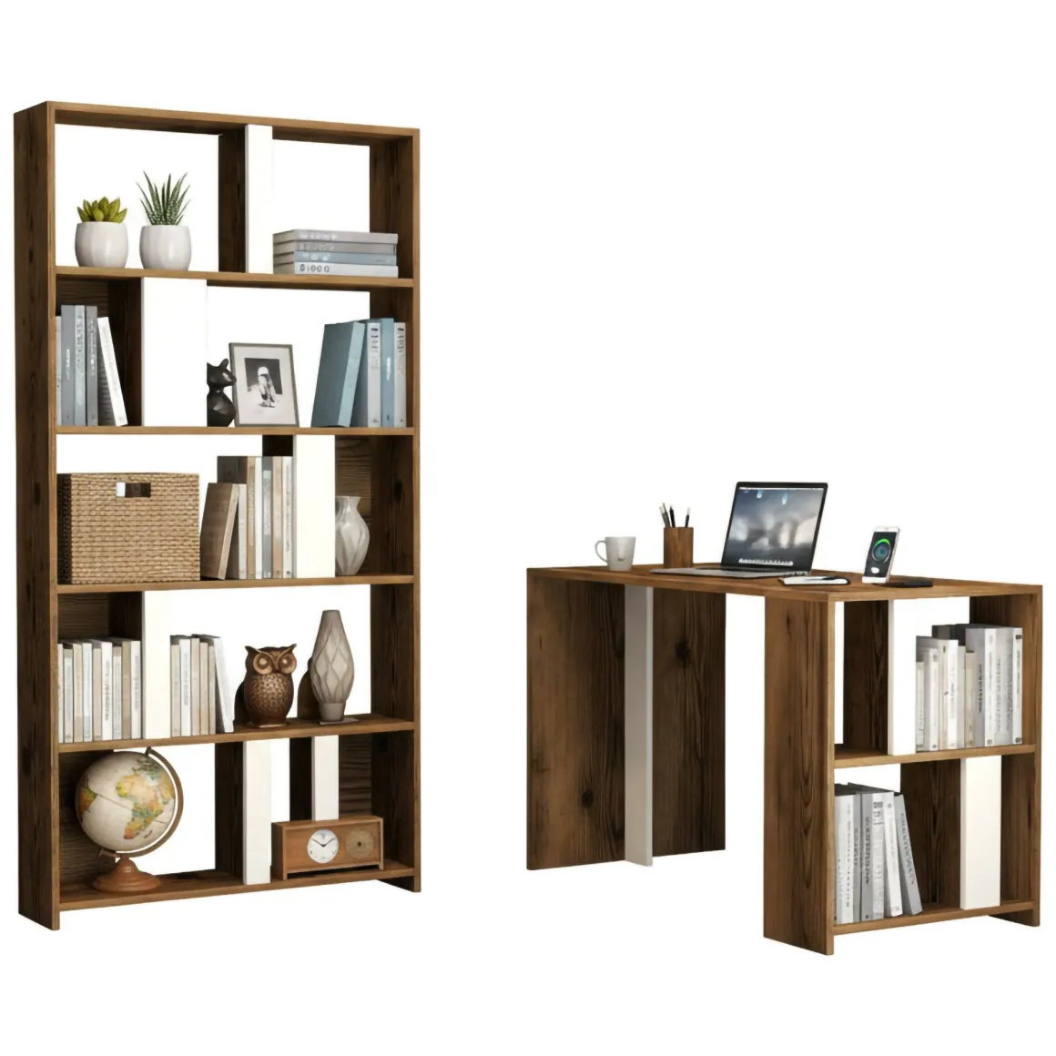 Scrivania lineare noce e bianca 120x60cm con libreria - Atene