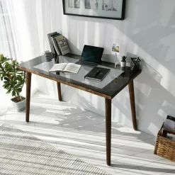 Ufficio|Camera Da Letto > Dmora Scrivania lineare noce 110x60cm con piano in vetro - Melita Marrone Noce