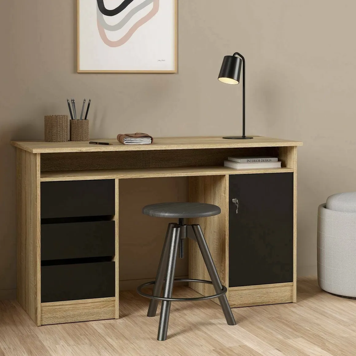 Scrivania lineare quercia e nera 126x55cm con 3 cassetti - Shanshan