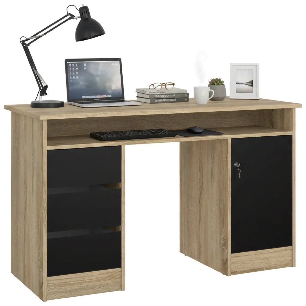 Scrivania lineare quercia e nera 126x55cm con 3 cassetti - Shanshan