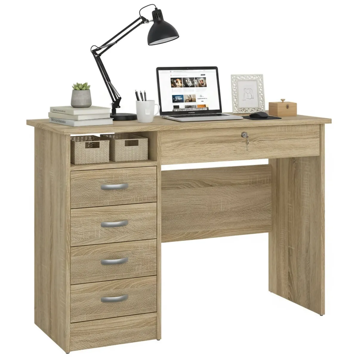 Scrivanie > Dmora Scrivania lineare quercia 109x48cm con 4 cassetti - Amor Marrone Quercia