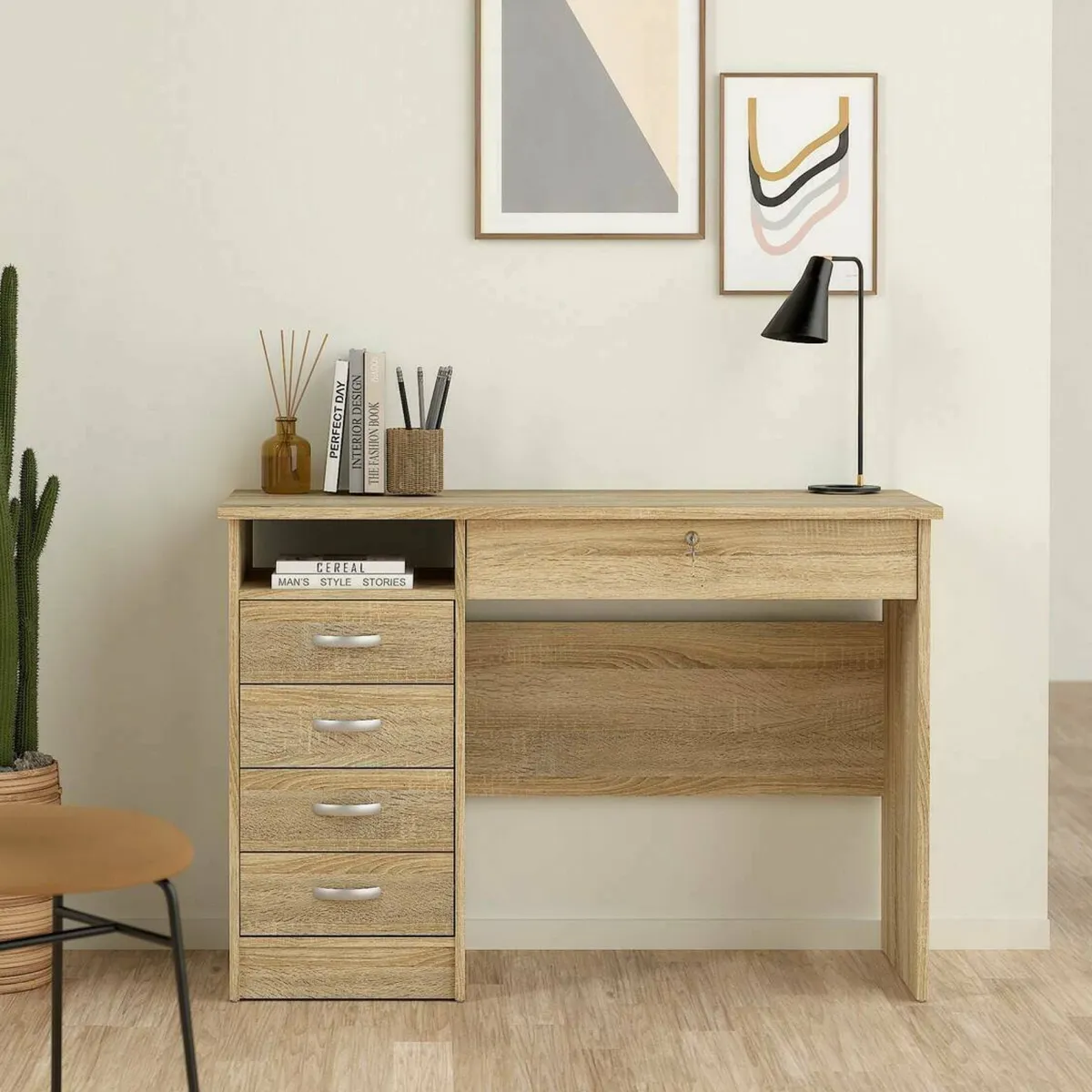 Scrivanie > Dmora Scrivania lineare quercia 109x48cm con 4 cassetti - Amor Marrone Quercia