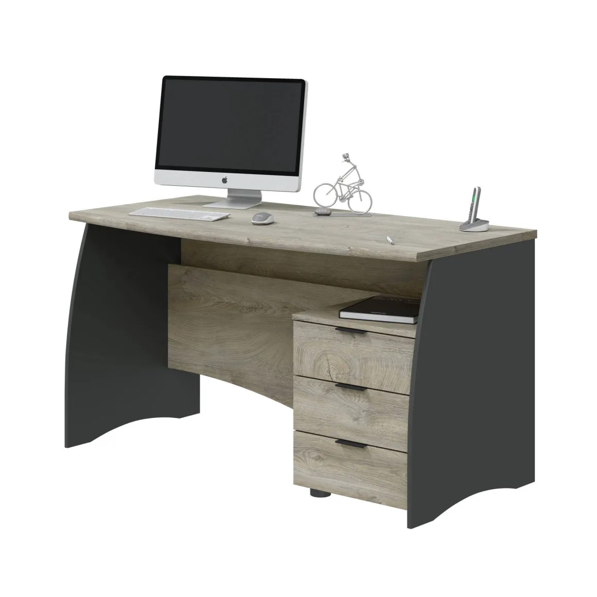 Scrivania lineare rovere e antracite 136x67cm con 3 cassetti - Azziz