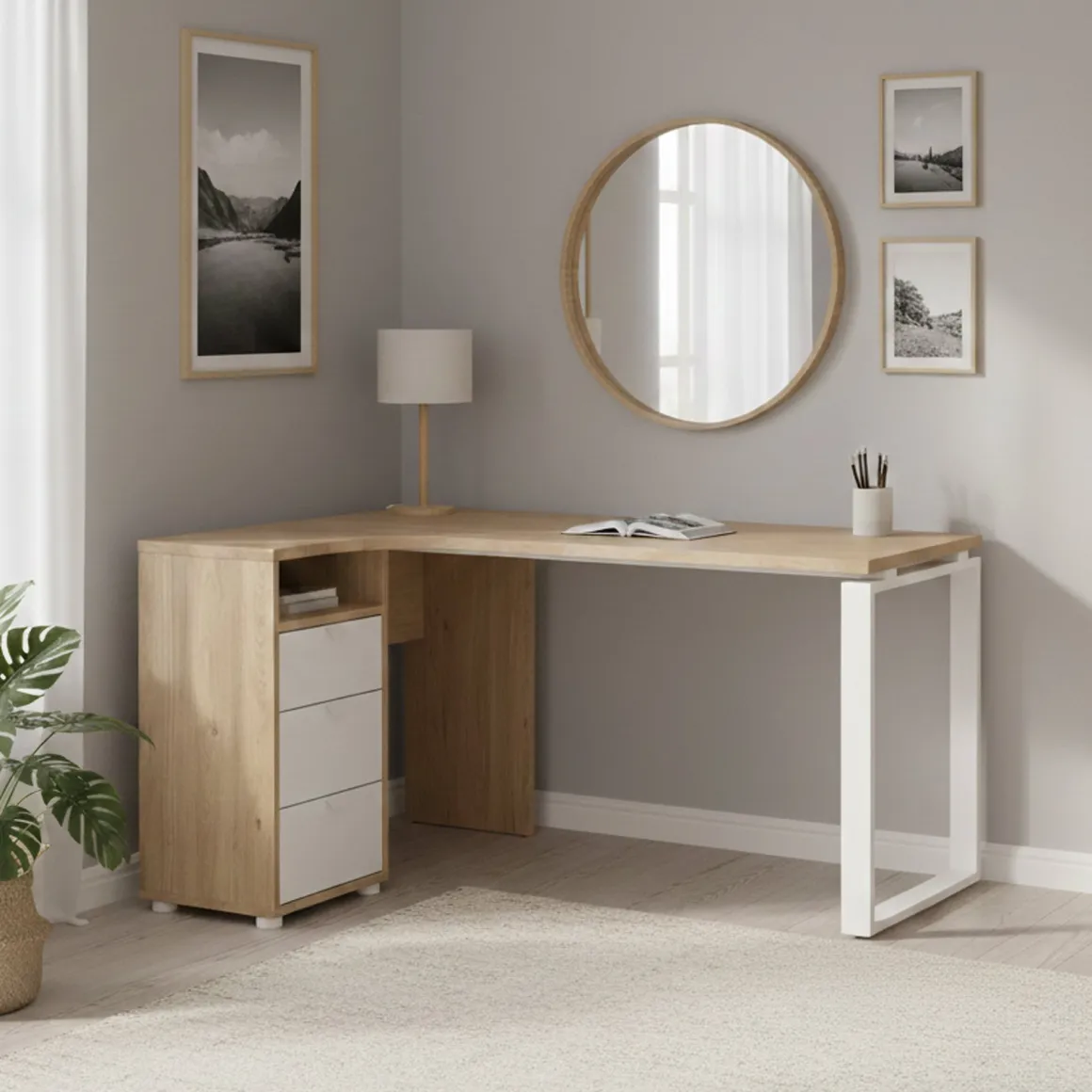 Scrivanie > Dmora Scrivania lineare rovere e bianca 184x79cm con libreria - Etienne Bianco, Marrone Rovere