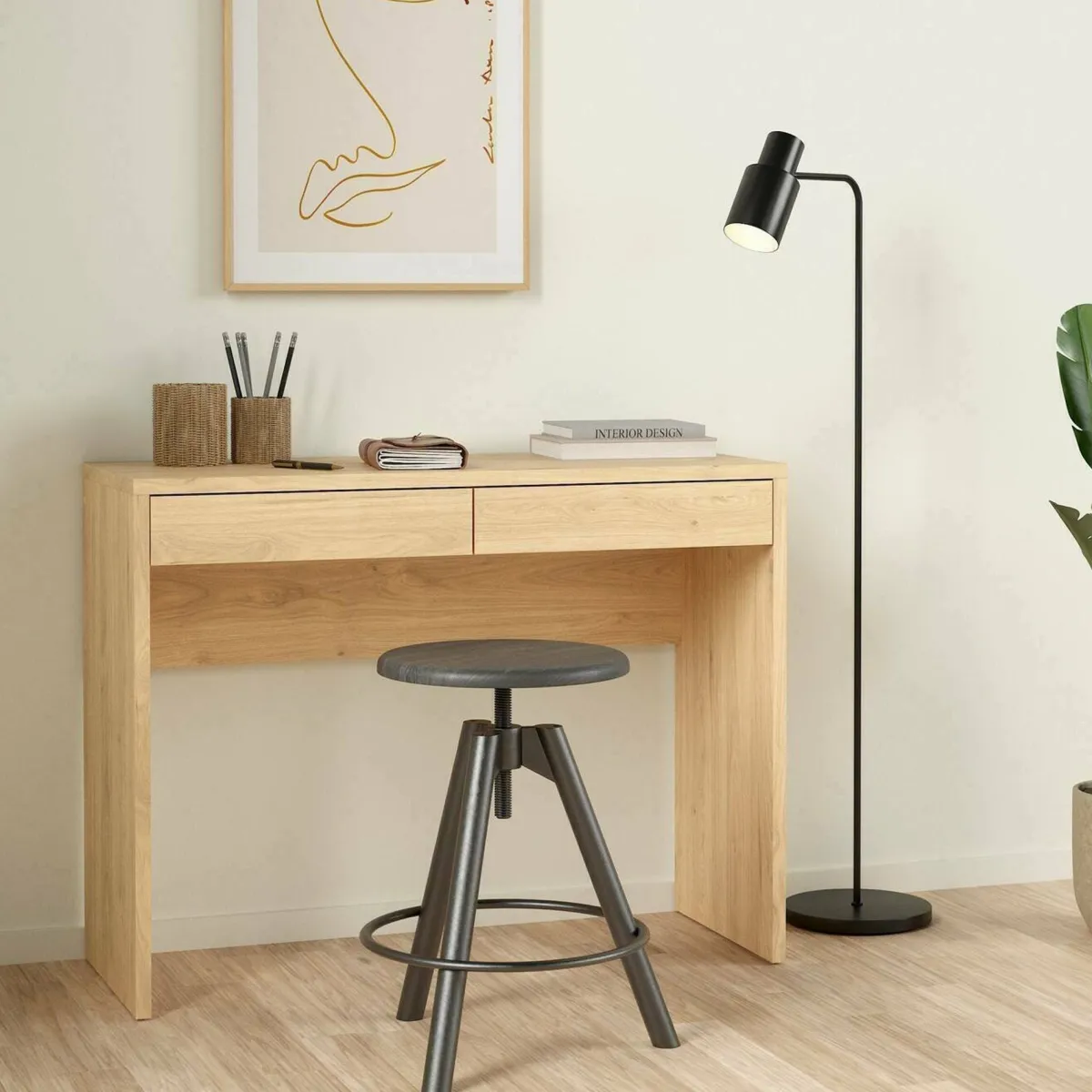 Scrivanie > Dmora Scrivania lineare rovere 100x39cm con 2 cassetti - Acero Marrone Rovere