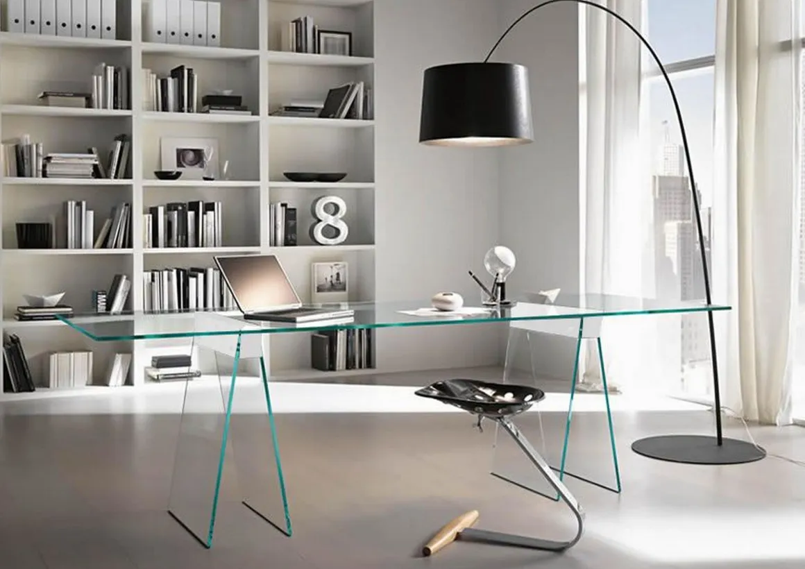 Scrivania lineare trasparente 180x90cm piano in vetro - Asfelj