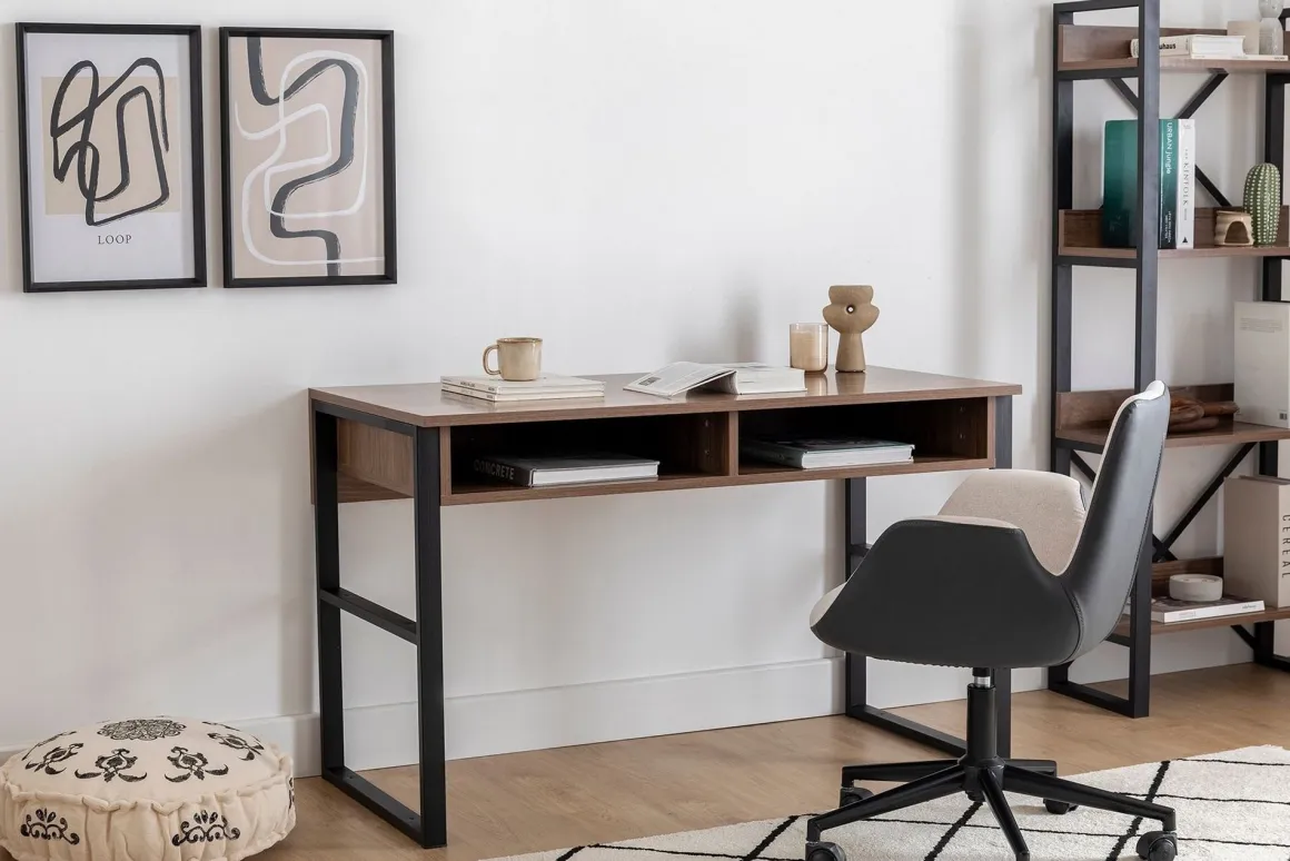Scrivanie > Dmora Scrivania Marrone Noce Nero 4 Ripiani 2 Vani 120x55x96h cm, Colore Ripiano Marrone - Tramonti Nero, Marrone Noce