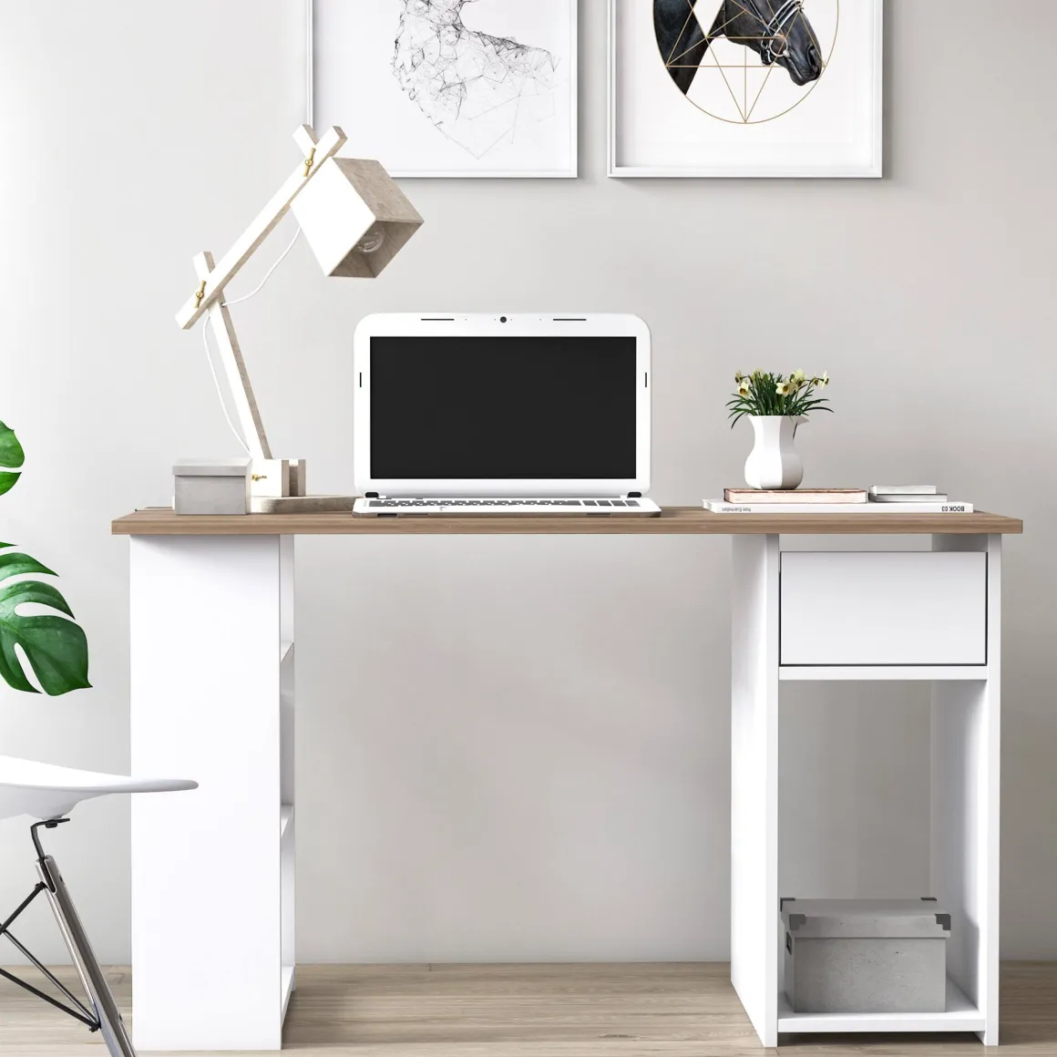 Scrivanie > Dmora Scrivania un Vano Supporto pc 80x50x75h cm, Materiale Piano in Legno Massello - Mezzo Marrone Quercia