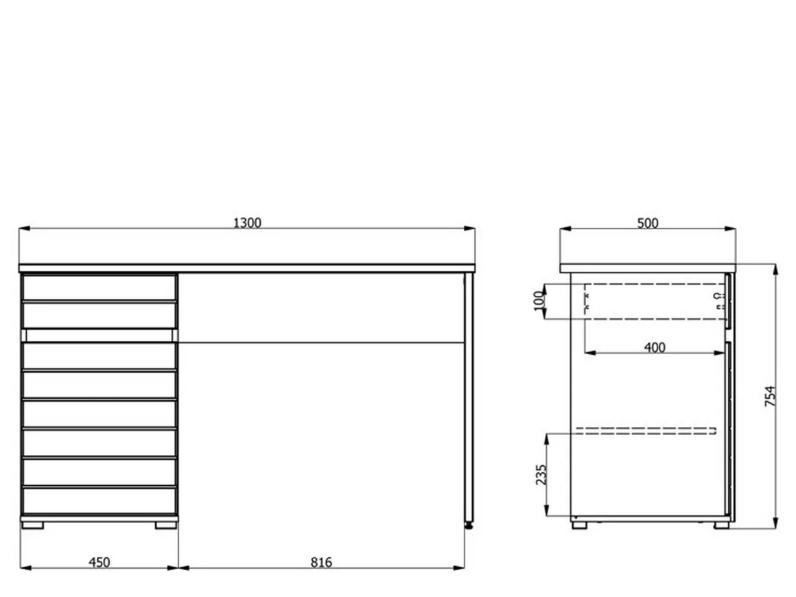Scrivania Marrone Rovere Bianco un Cassetto un Ripiano 130x50x75.5h cm, Un'anta - Cambio