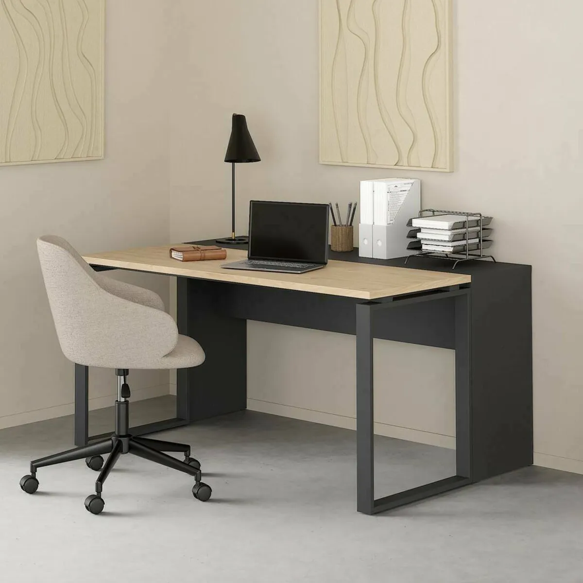 Scrivanie > Dmora Scrivania Marrone Rovere Grigio Materiale Piano in Legno Nobilitato Sfumatura Colore Struttura Rovere 150x100x76h cm, Sfumatura Colore Ripiano Rovere Grigio, Marrone Rovere