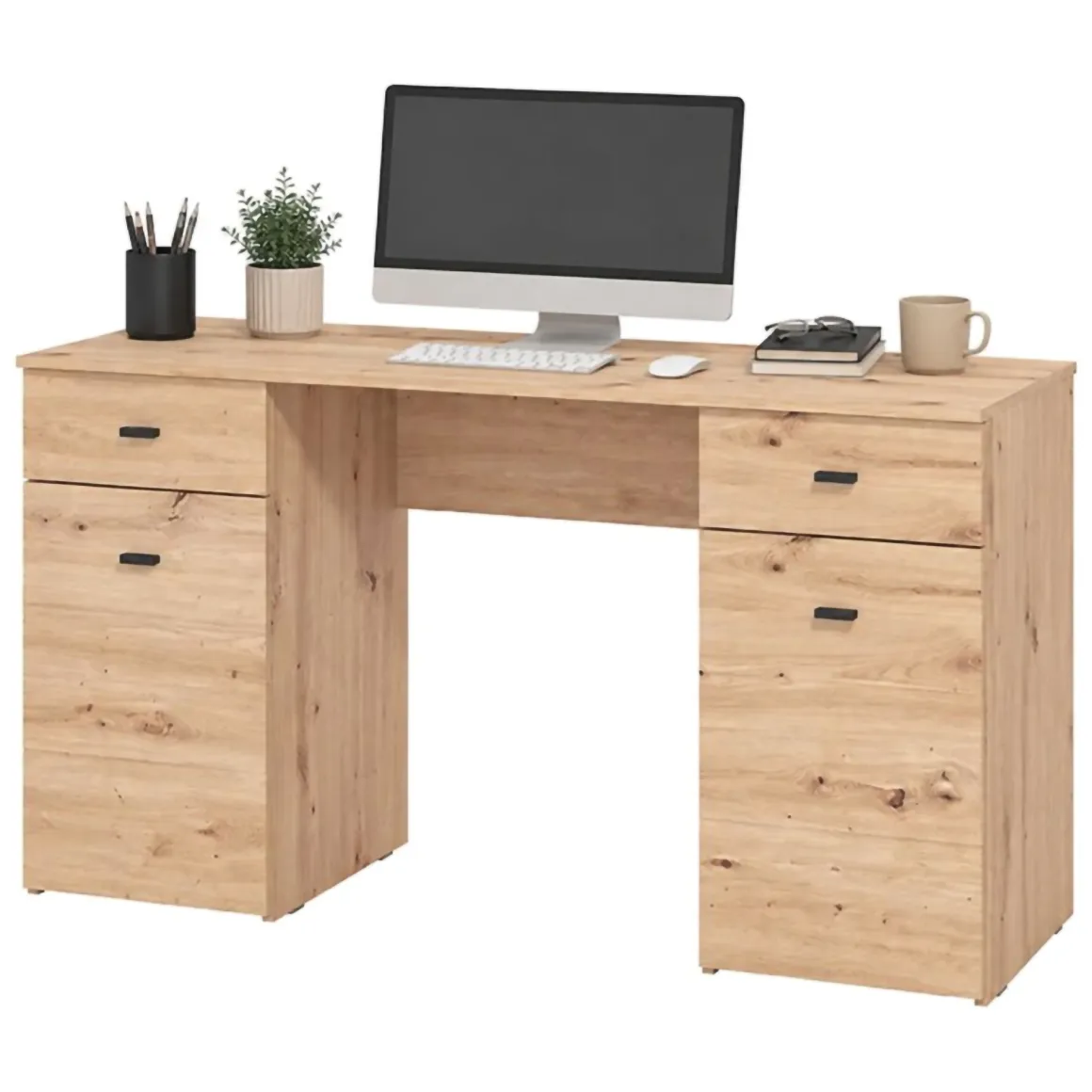 Scrivania Marrone Rovere Nodi 2 Cassetti 2 Ripiani 140x50x76h cm, 2 Ante - Ziro