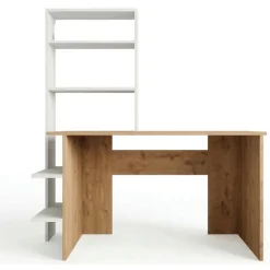 Scrivanie > Dmora Scrivania Marrone Rovere Nodi Bianco Angolare 2 Cassetti 140x124x77h cm, 5 Ripiani - Piran Bianco, Marrone Rovere Nodi