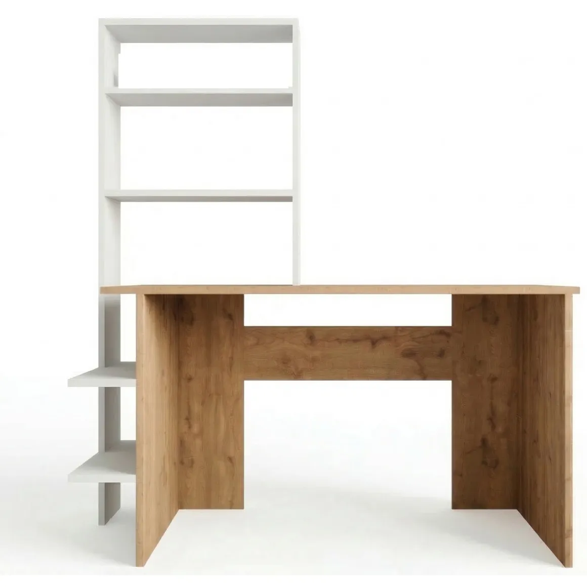 Scrivanie > Dmora Scrivania Marrone Rovere Nodi Bianco Angolare 2 Cassetti 140x124x77h cm, 5 Ripiani - Piran Bianco, Marrone Rovere Nodi