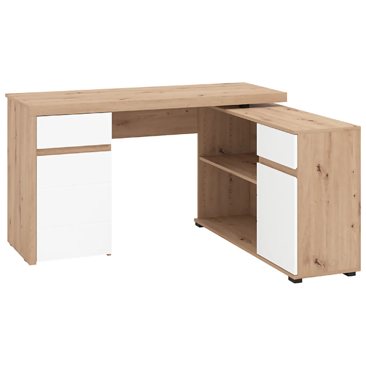 Scrivanie > Dmora Scrivania Marrone Rovere Nodi Bianco Angolare 2 Cassetti 140x124x77h cm, 5 Ripiani - Piran Bianco, Marrone Rovere Nodi