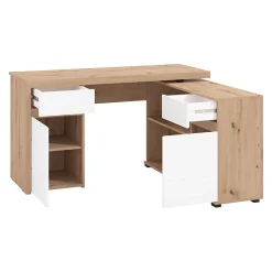 Scrivanie > Dmora Scrivania Marrone Rovere Nodi Bianco Angolare 2 Cassetti 140x124x77h cm, 5 Ripiani - Piran Bianco, Marrone Rovere Nodi