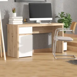 Scrivanie > Dmora Scrivania Marrone Rovere Nodi Bianco un Cassetto 2 Ripiani 98x47x74h cm, Un'anta - Anholt Bianco, Marrone Rovere Nodi