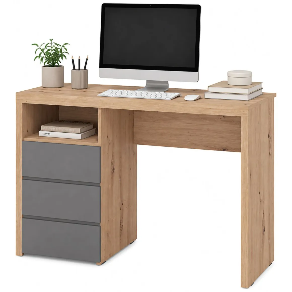 Scrivanie > Dmora Scrivania Marrone Rovere Nodi Grigio Scuro Angolare 2 Cassetti 140x124x77h cm, 5 Ripiani - Piran Grigio Scuro, Marrone Rovere Nodi