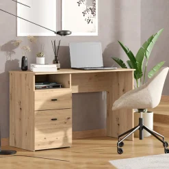 Scrivanie > Dmora Scrivania Marrone Rovere Nodi Nero 5 Ripiani 5 Vani 150x58x76h cm, Colore Ripiano Marrone - Taceno Nero, Marrone Rovere Nodi