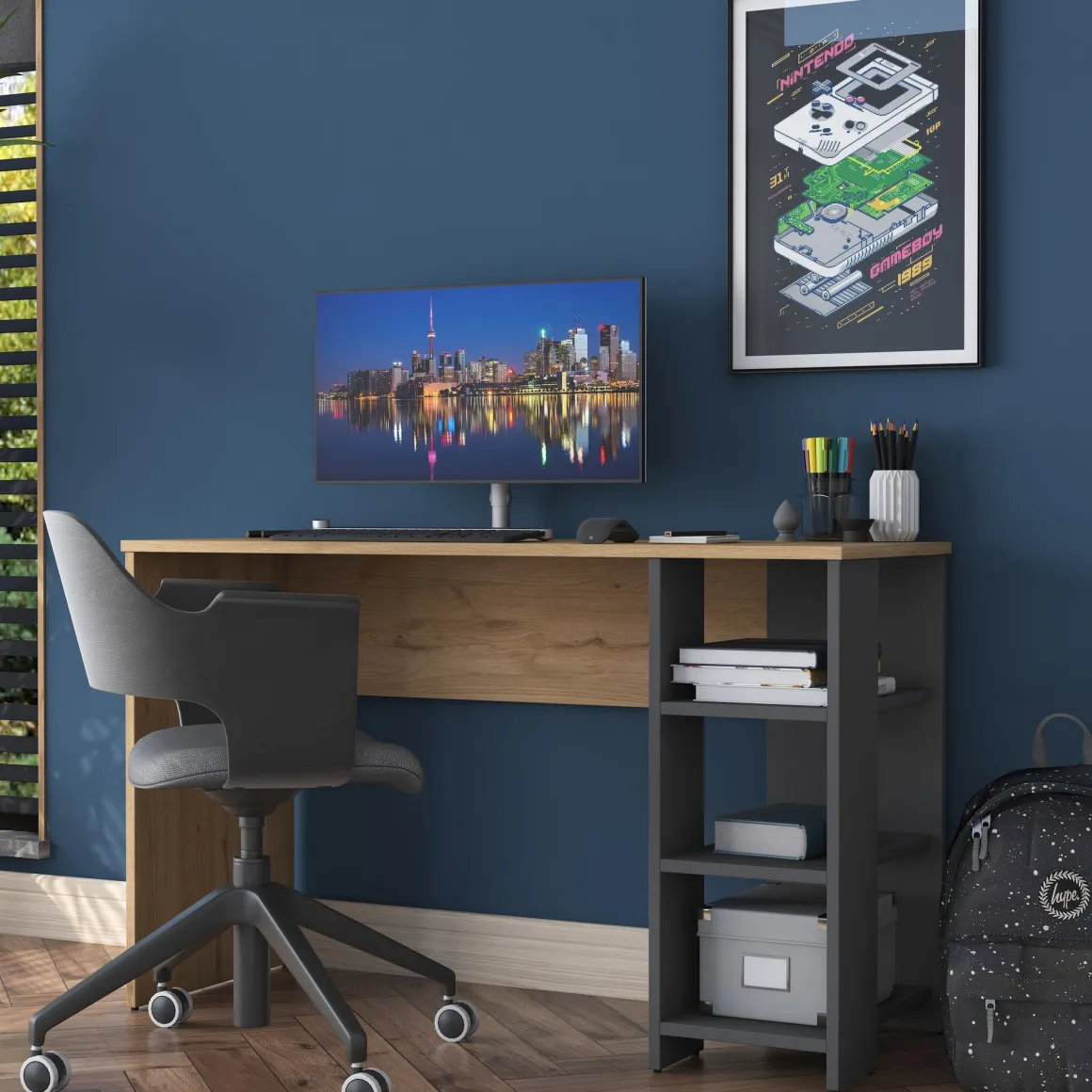 Scrivania Marrone Rovere Nodi Nero Antracite 4 Ripiani 3 Vani 120x45x74h cm, Colore Ripiano Marrone - Pombia