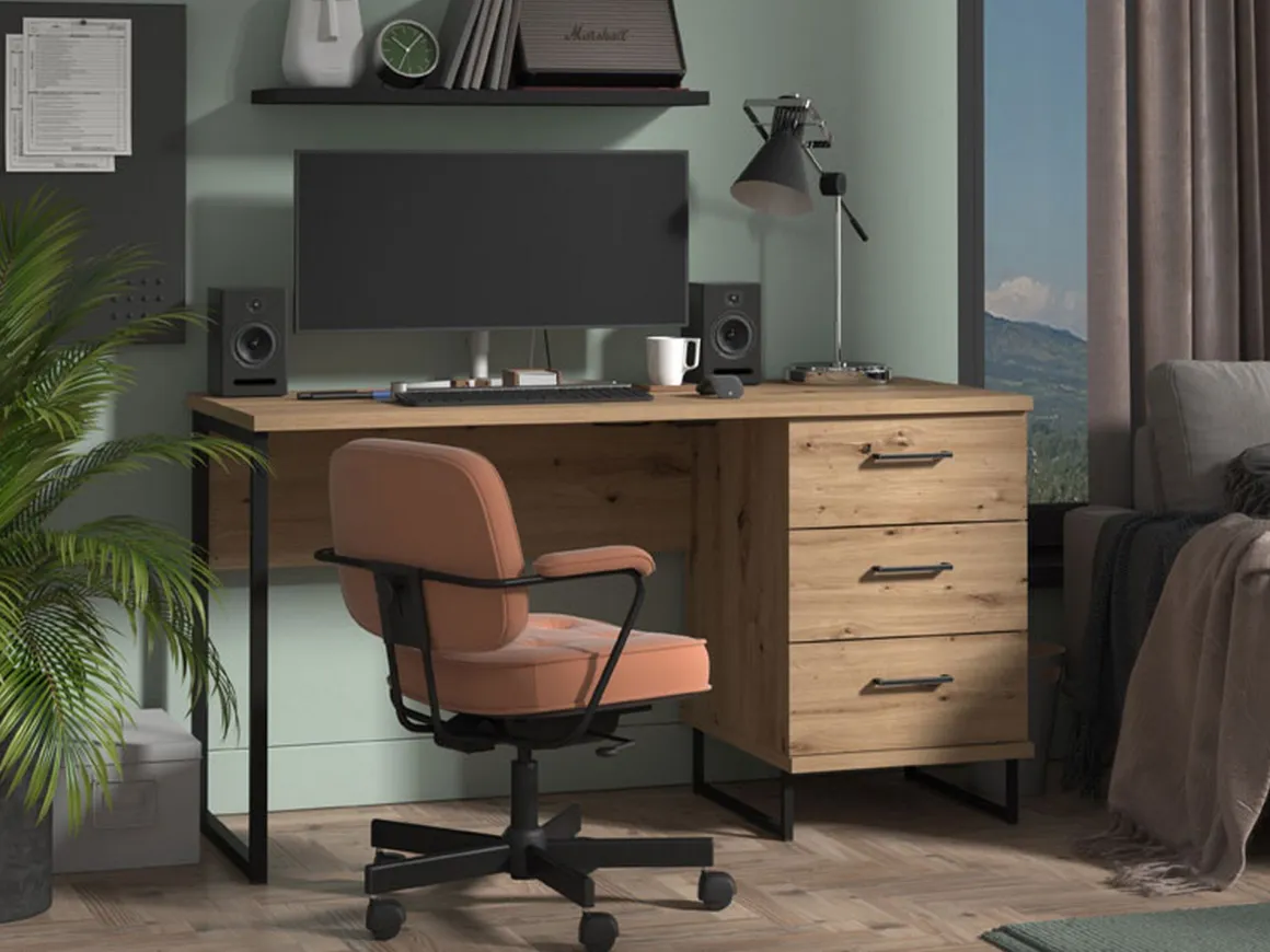 Scrivania Marrone Rovere Nodi Nero un Ripiano 3 Cassetti 137.5x56x75h cm, Maniglie Incluse - Ponza
