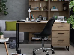 Scrivania Marrone Rovere Nodi Nero un Ripiano 3 Cassetti 137.5x56x75h cm, Maniglie Incluse - Ponza