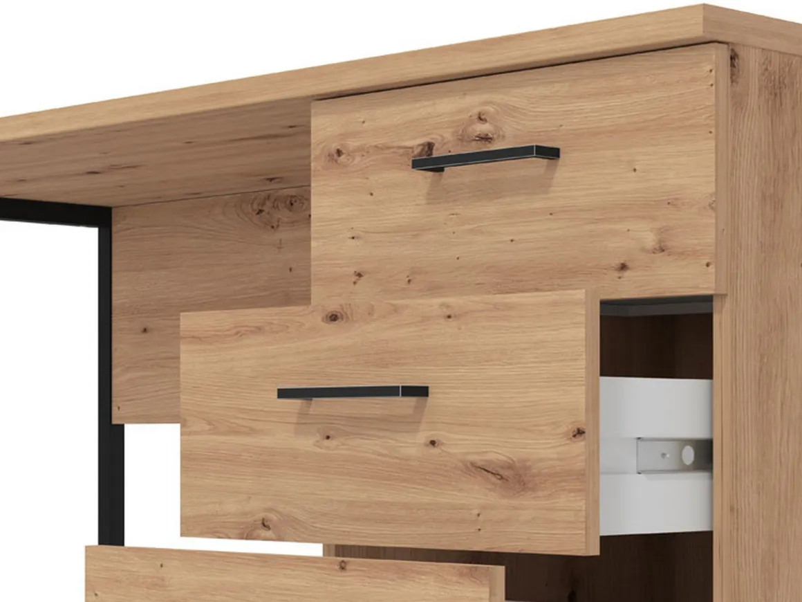 Scrivania Marrone Rovere Nodi Nero un Ripiano 3 Cassetti 137.5x56x75h cm, Maniglie Incluse - Ponza