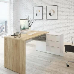 Scrivania moderna rovere e bianca 145x108cm con 2 cassetti - Agnello
