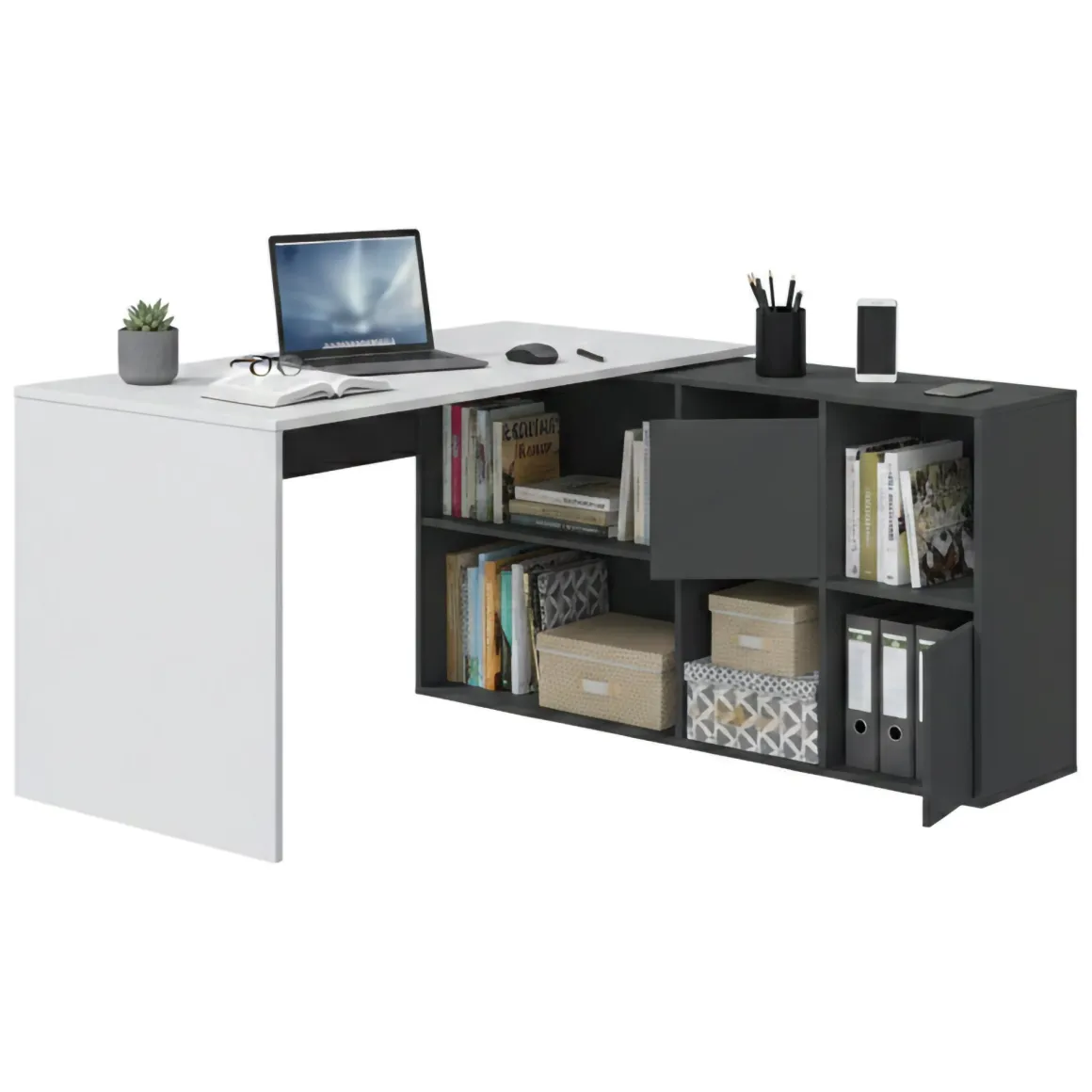 Scrivania modulabile bianca e antracite 136x139cm con libreria - Abby