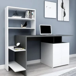 Scrivania Nero Antracite Bianco 8 Ripiani 2 Ante 146x60x74h cm, 7 Vani - Recco