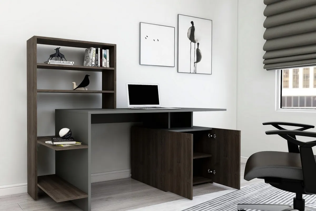 Scrivanie > Dmora Scrivania Nero Antracite Marrone 8 Ripiani 2 Ante 146x60x74h cm, 7 Vani - Recco Marrone, Nero Antracite