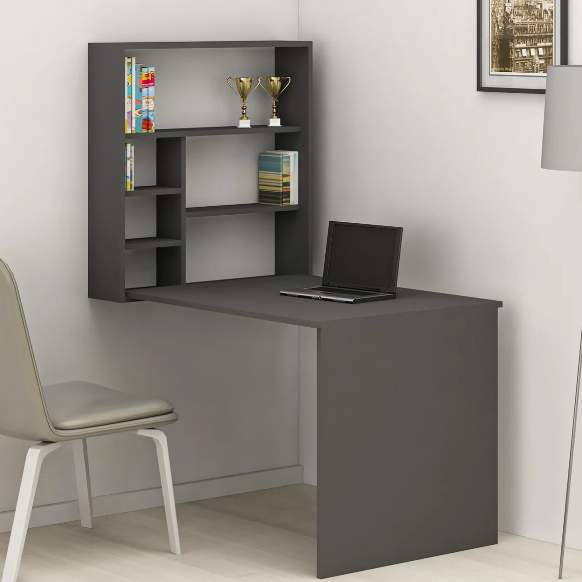 Scrivanie > Dmora Scrivania 5 Ripiani Angolare 80x80x74h cm, 4 Vani - Panchia Nero Antracite