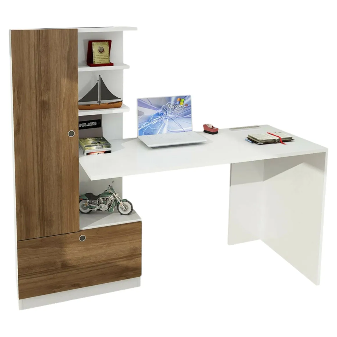 Scrivania No bianca e noce 149x61cm con libreria - Sordio