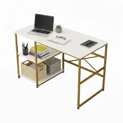 Scrivanie > Dmora Scrivania No bianca e oro 120x60cm con libreria - Giusto Oro, Bianco