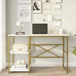 Scrivanie > Dmora Scrivania No bianca e oro 120x60cm con libreria - Giusto Oro, Bianco