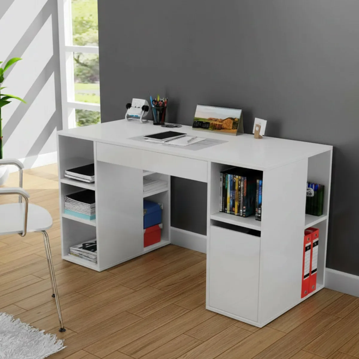 Scrivanie > Dmora Scrivania No bianca 145x59cm con libreria - Carife Bianco
