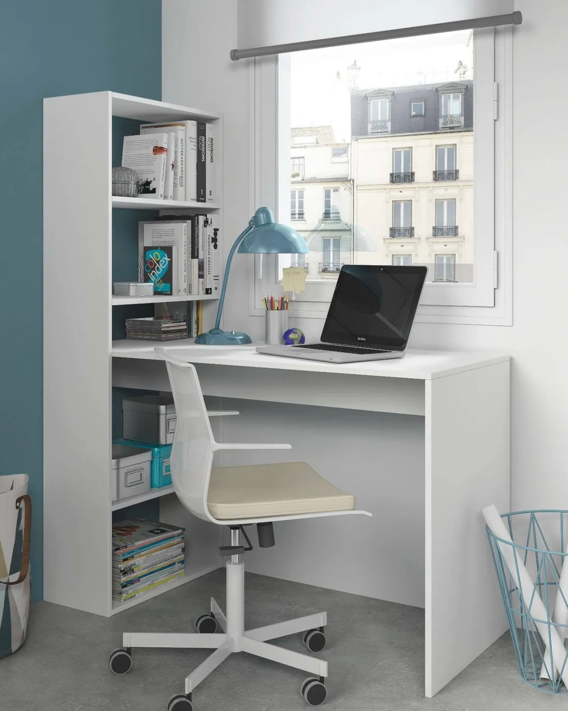 Ufficio|Camera Da Letto > Dmora Scrivania salvaspazio bianca e legno 120x53cm con libreria - Ali Marrone, Bianco Rovere