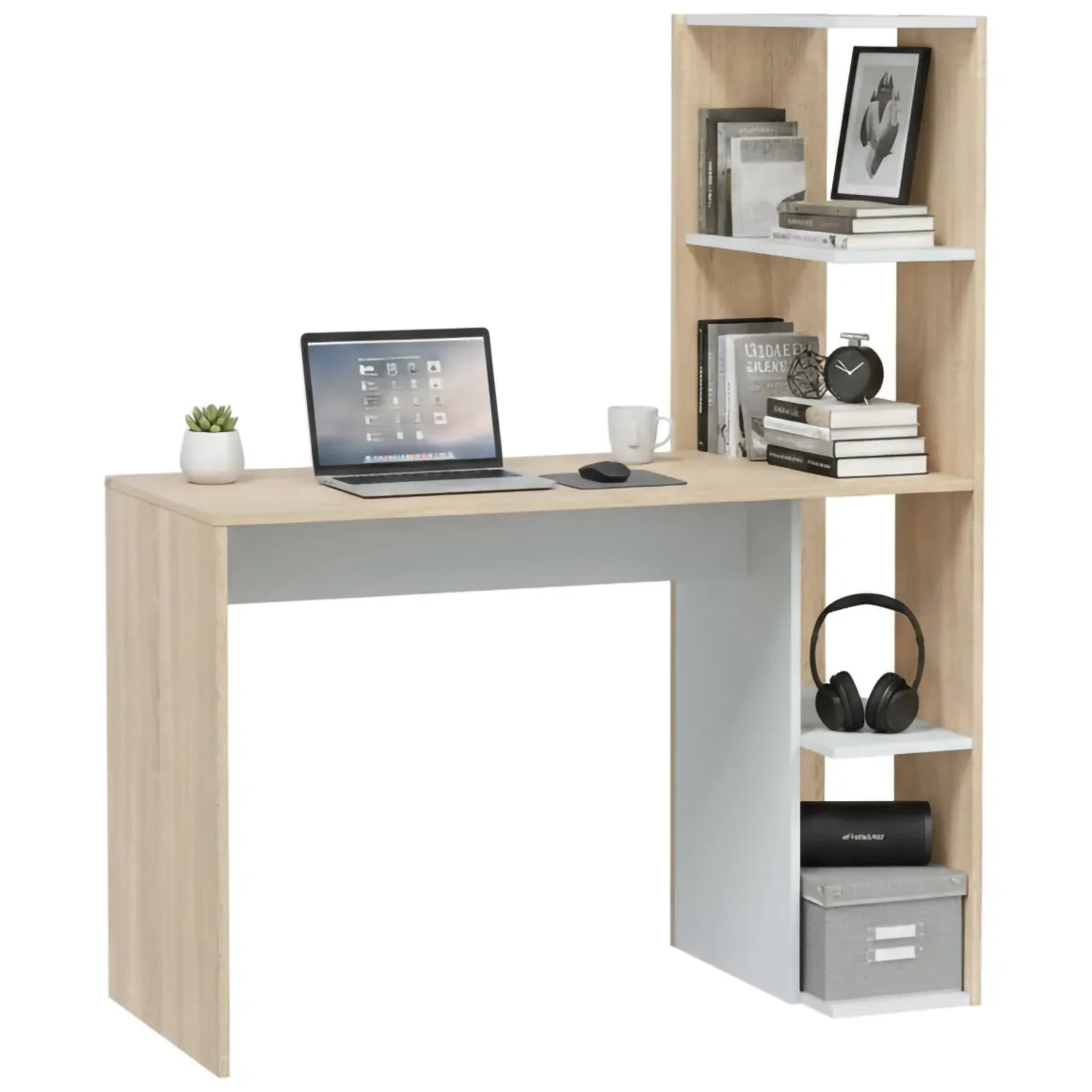 Scrivania salvaspazio bianca e rovere 110x52cm con libreria - Abba