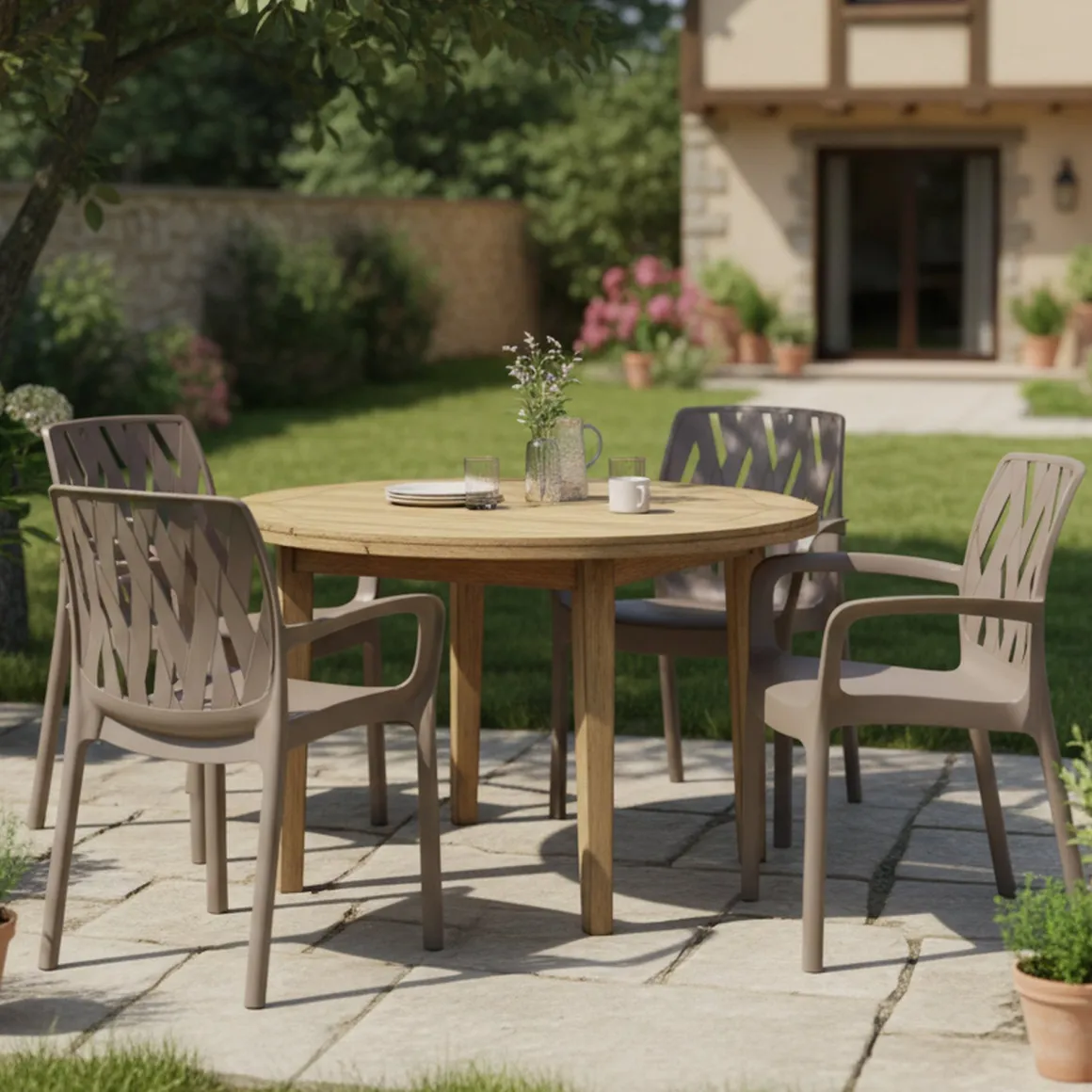 Sedia da Esterno Beige 4 Sedie Impilabile, Braccioli Made in Italy - Rumley