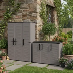 Set Armadi da Esterno Grigio Nero 4 Ripiani Apertura Battente, Resistente ai Raggi uv Impermeabile Made in Italy - Orvinio