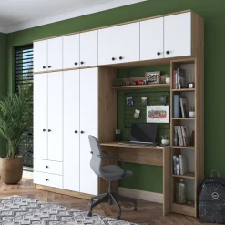 Composizioni Camera Da Letto > Dmora Set Camera da Letto Bianco Marrone Rovere Appendiabiti 6 Cassetti, 6 Ripiani - Redwood Marrone Rovere, Bianco