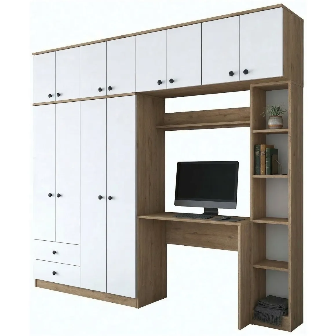 Set Camera da Letto Bianco Marrone Noce Appendiabiti 2 Cassetti, 13 Ripiani - Caprie