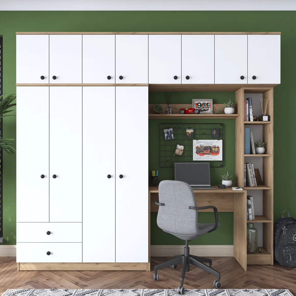 Set Camera da Letto Bianco Marrone Noce Appendiabiti 2 Cassetti, 13 Ripiani - Caprie